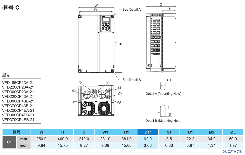 30kW臺達變頻器VFD300CP23A-21的安裝尺寸