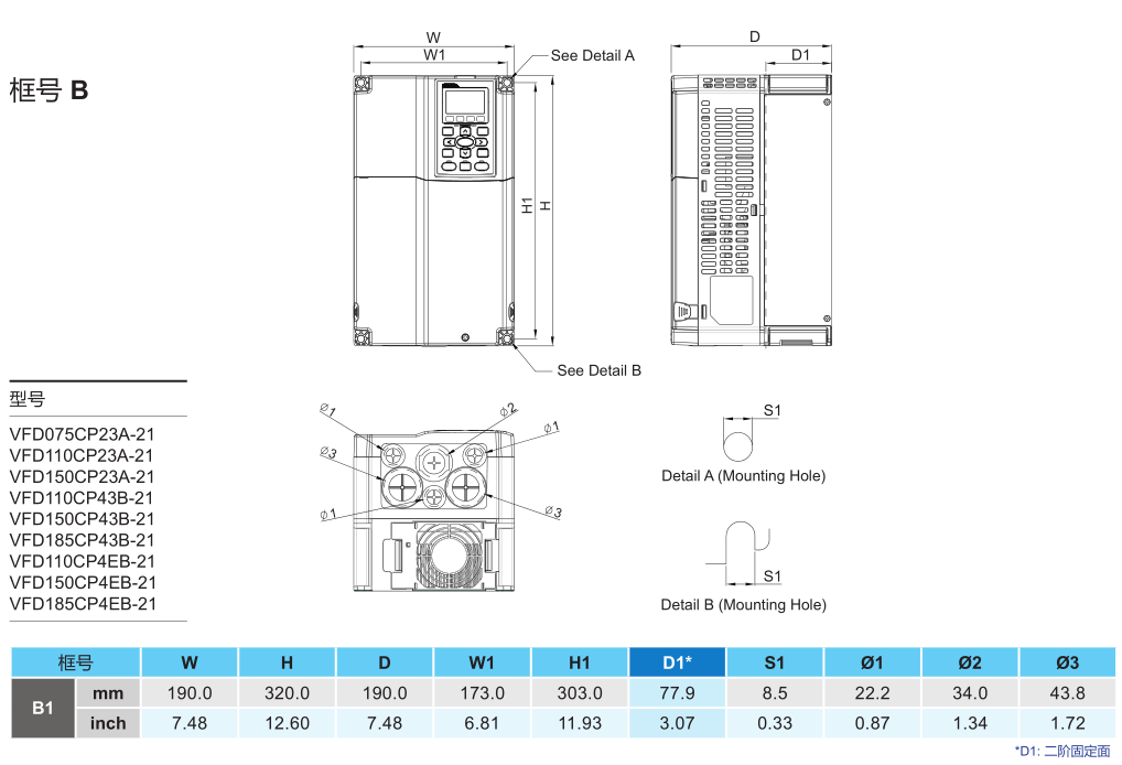 75kW臺達變頻器VFD750CP23A-00的安裝尺寸